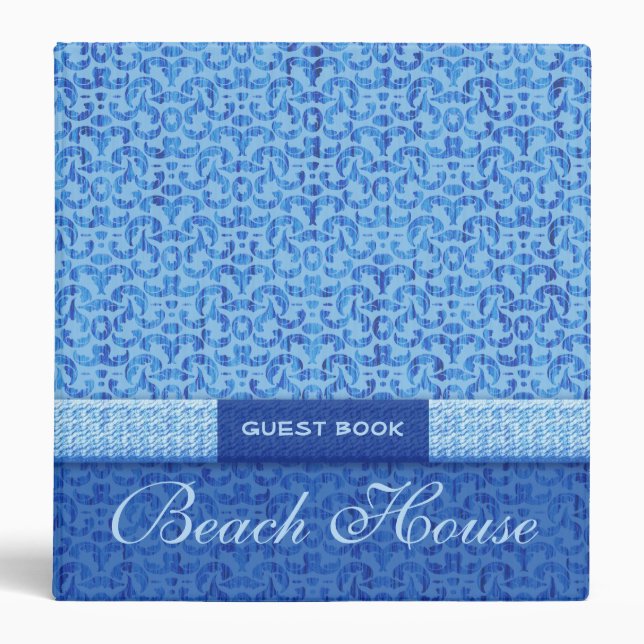 Elegant Beach House Guest Book Blue Damask Binder (Front)