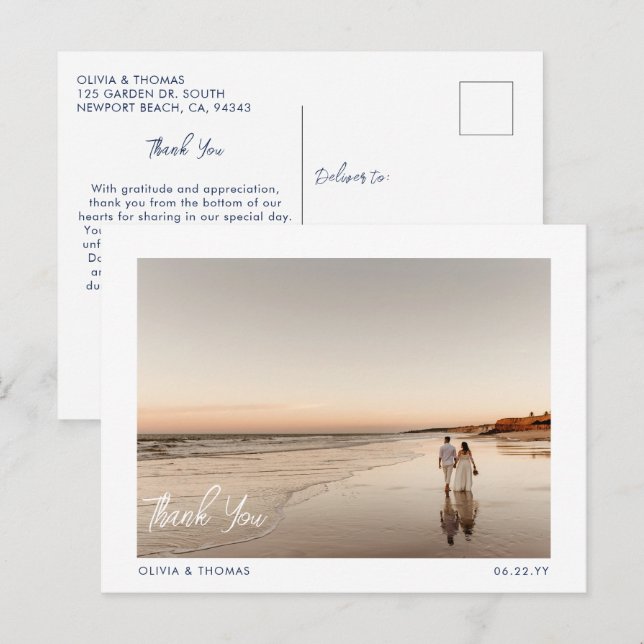 Elegant Beach Modern Class Wedding Photo Thank You Postcard (Front/Back)