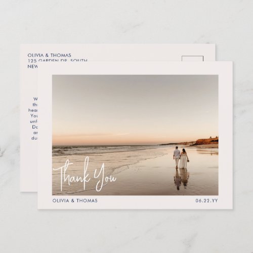 Elegant Beach Modern Wedding Photo Thank You Navy Postcard