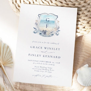Elegant Beach Monogram Crest Wedding  Invitation