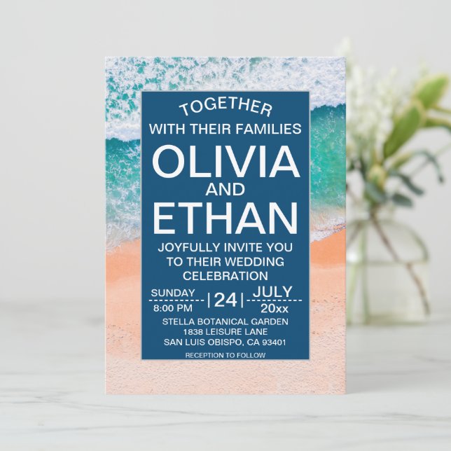 Elegant Beach Navy Blue Sea Waves Summer Wedding Invitation (Standing Front)