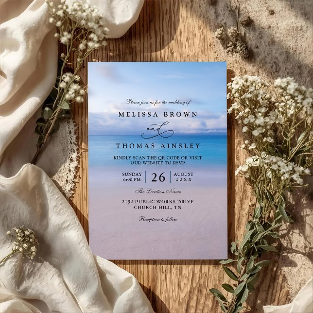 Elegant Beach Ocean Watercolor QR Code Wedding Invitation (Creator Uploaded)