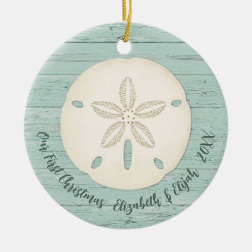 Elegant Beach Sand Dollar Photo First Christmas Ceramic Ornament