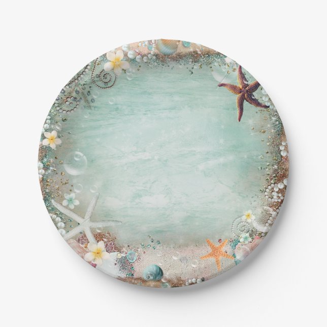 Elegant Beach Sea Starfish & Pearls Beachy Party Paper Plates (Front)