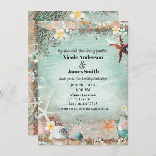 Elegant Beach Sea Starfish  Pearls Beachy Wedding Invitation