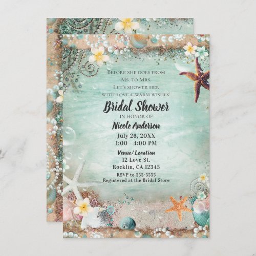 Elegant Beach Sea Starfish  Pearls Bridal Shower Invitation