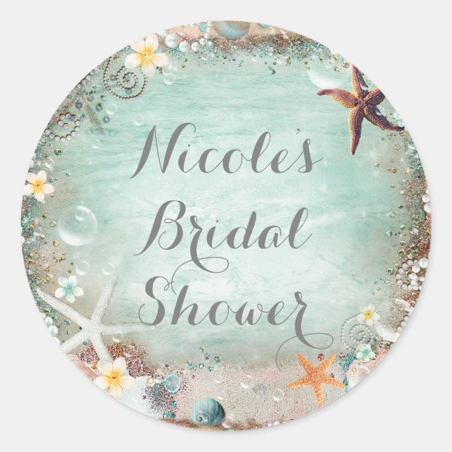 Elegant Beach Sea Starfish & Pearls Party Favor Classic Round Sticker (Front)