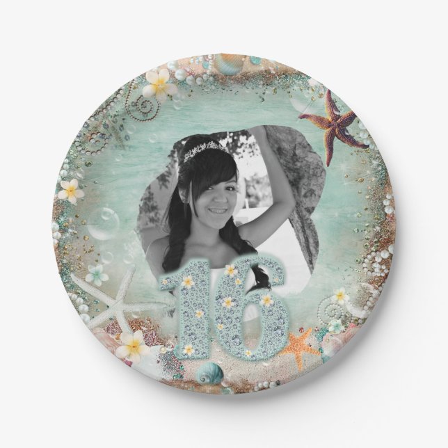 Elegant Beach Sea Starfish Pearls Party Photo 16 Paper Plates (Front)