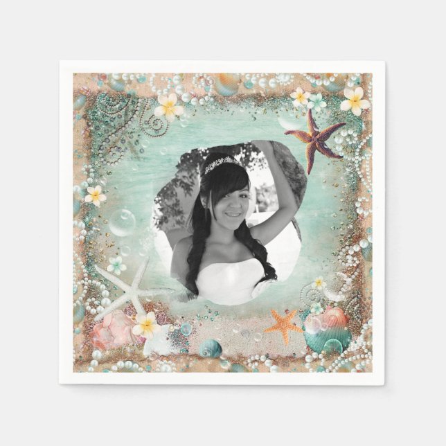 Elegant Beach Sea Starfish & Pearls Party Photo Napkins (Front)