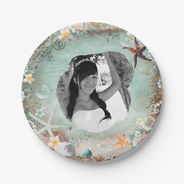 Elegant Beach Sea Starfish & Pearls Party Photo Paper Plates (Front)