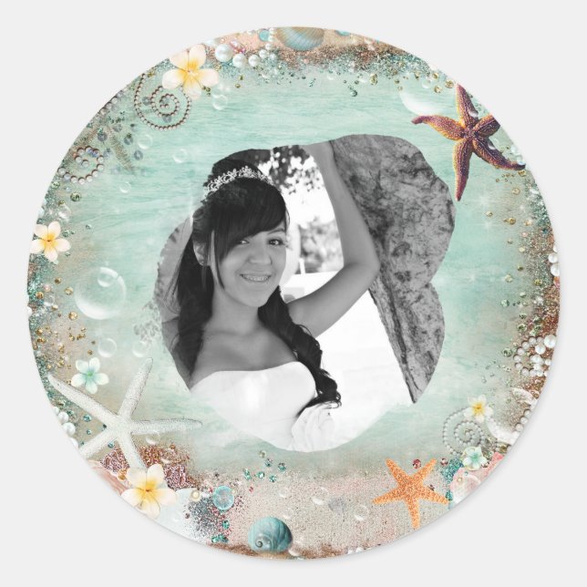 Elegant Beach Sea Starfish & Pearls Photo Picture Classic Round Sticker (Front)