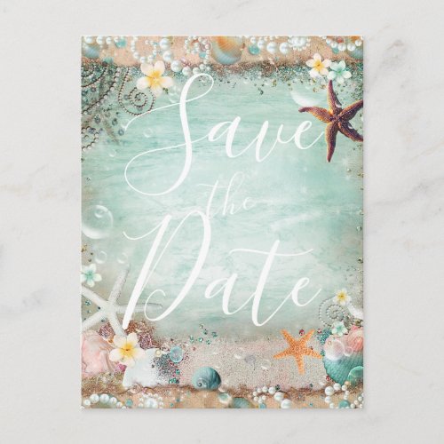 Elegant Beach Sea Starfish  Pearls Save the Date Announcement Postcard