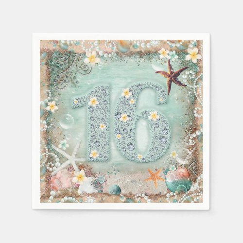 Elegant Beach Sea Starfish  Pearls Sweet 16 Party Paper Napkins