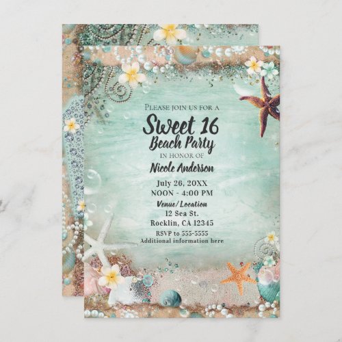 Elegant Beach Sea Starfish  Pearls Sweet 16 Photo Invitation