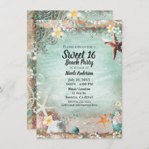 Elegant Beach Sea Starfish & Pearls Sweet 16 Photo Invitation