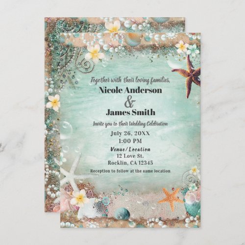 Elegant Beach Sea Starfish  Pearls Wedding Photo Invitation