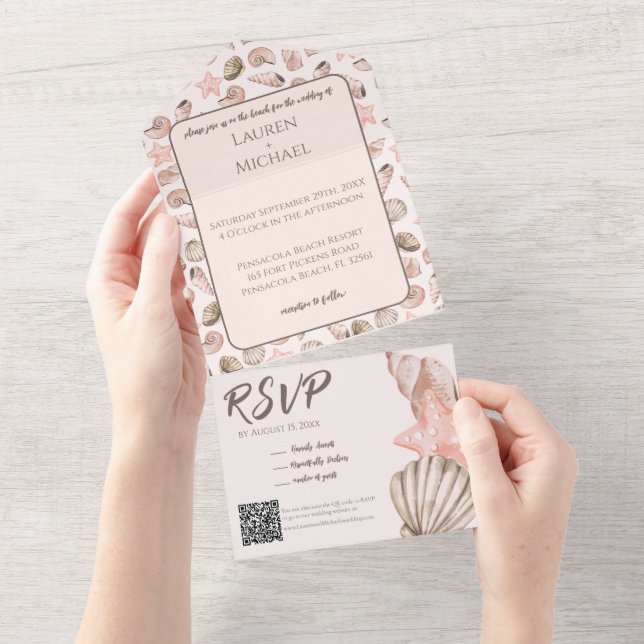 Elegant Beach Seashell All in One Wedding Invite (Tearaway)