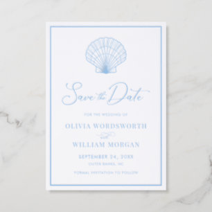 Elegant Beach Seashell Blue Wedding Save the Date  Letterpress Photo Cards