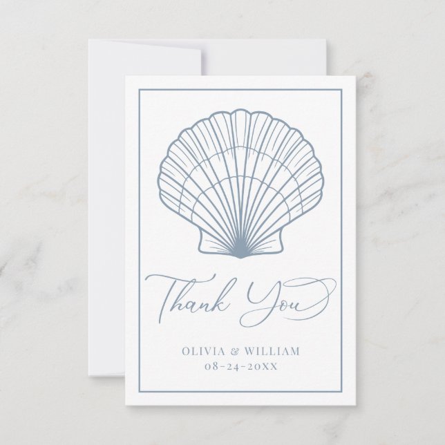 Elegant Beach Seashell Dusty Blue Wedding Thank You Card (Front)