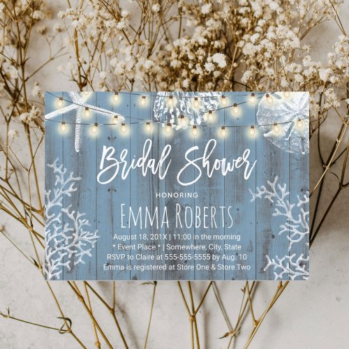 Elegant Beach Seashells Dusty Blue Bridal Shower Invitation