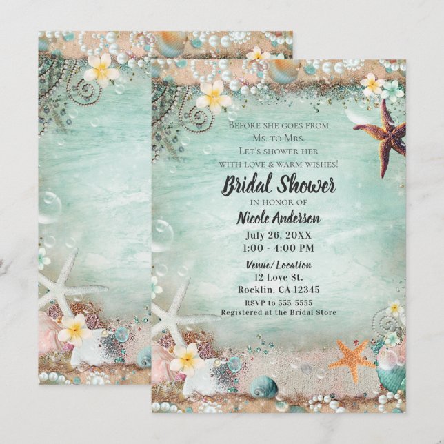 Elegant Beach Starfish Pearls Bridal Shower Invitation (Front/Back)