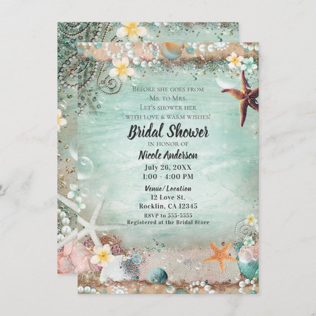 Elegant Beach Starfish Pearls Bridal Shower Photo Invitation (Front/Back)