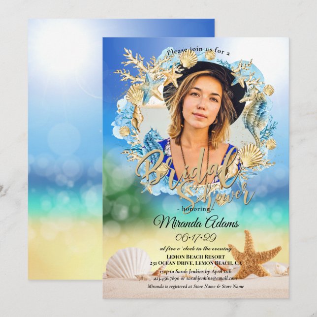 Elegant Beach Starfish Shell Bridal Shower Photo Invitation (Front/Back)