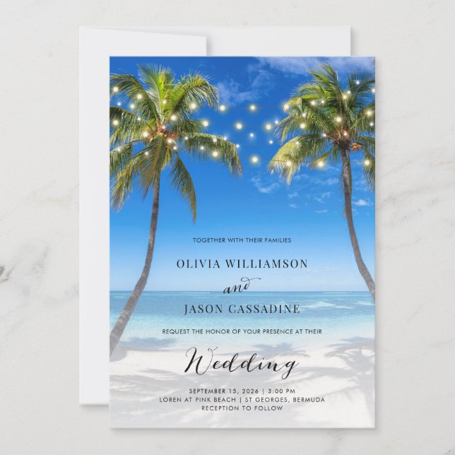 Elegant Beach String Lights Modern Script Wedding  Invitation (Front)
