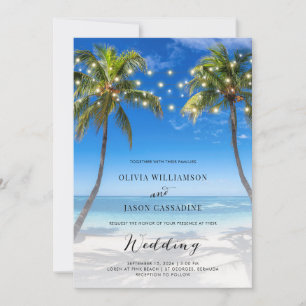 Elegant Beach String Lights Modern Script Wedding  Invitation