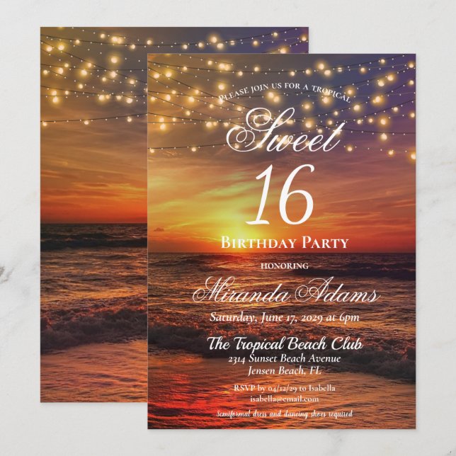 Elegant Beach String Lights Summer Birthday Party Invitation (Front/Back)