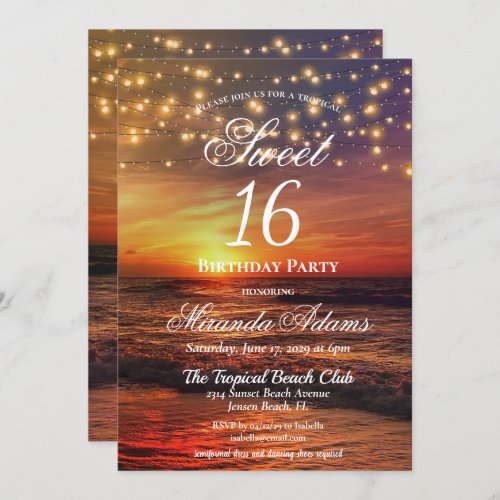 Elegant Beach String Lights Summer Birthday Party Invitation