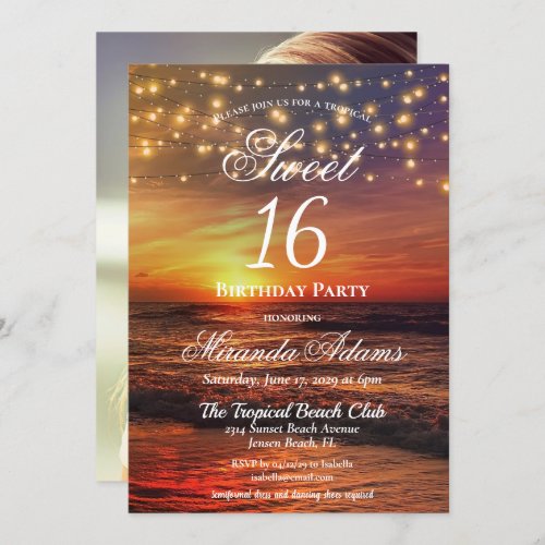 Elegant Beach String Lights Summer Birthday Party Invitation