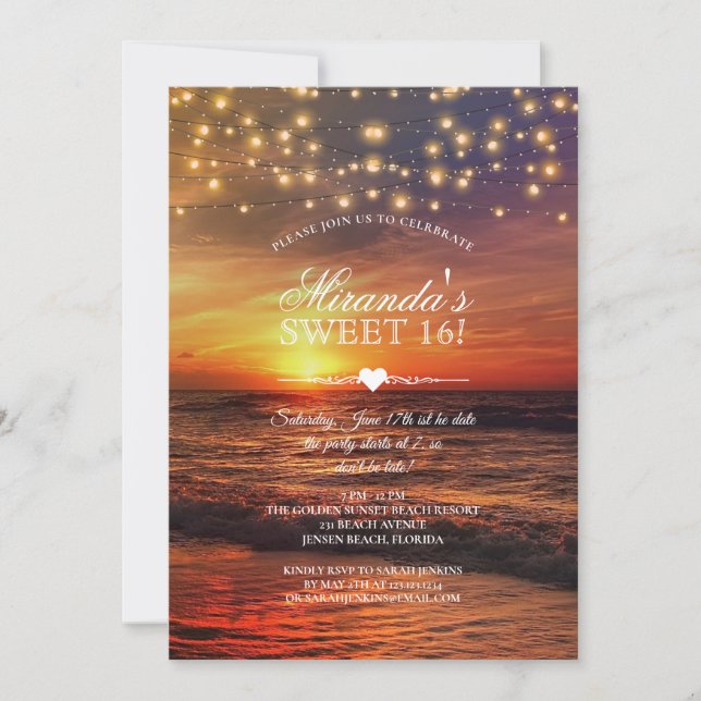 Elegant Beach String Lights Summer Sweet Sixteen Invitation (Front)