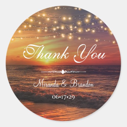 Elegant Beach String Lights Summer Thank You Classic Round Sticker