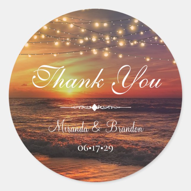 Elegant Beach String Lights Summer Thank You Classic Round Sticker (Front)