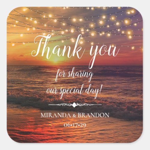 Elegant Beach String Lights Summer Thank You Square Sticker