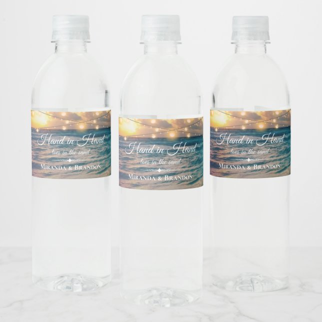 Elegant Beach String Lights Summer Thank You Water Bottle Label (Bottles)
