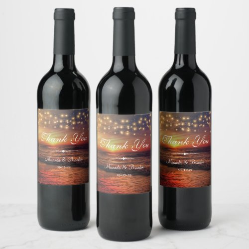 Elegant Beach String Lights Summer Thank You Wine Label