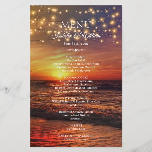 Elegant Beach String Lights Summer Wedding Menu