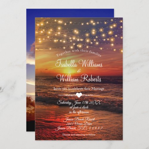 Elegant Beach String Lights Summer Wedding Photo Invitation