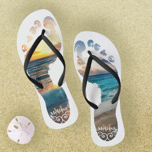 Elegant Beach Sunset Monogram Summer Flip Flops