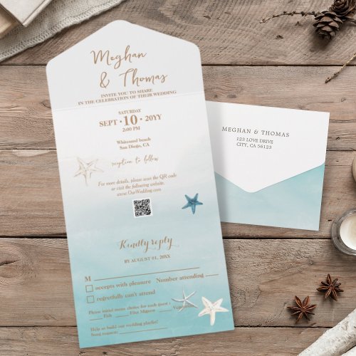 Elegant Beach Themed Wedding with QR code RSVP All In One Invitation