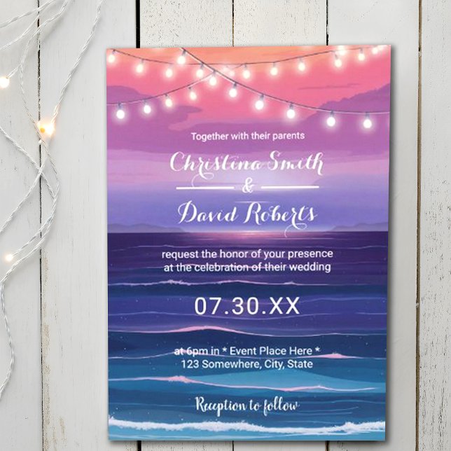 Elegant Beach Tropical Summer Lights Wedding Invitation (Creator Uploaded)