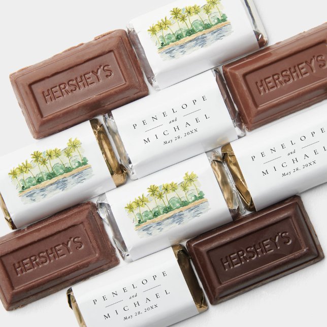 Elegant Beach Tropical Watercolor Wedding Hershey's Miniatures (Watercolor beach palm trees tropical wedding favor chocolate wrappers.)
