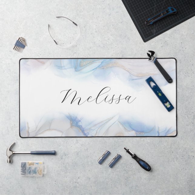 Elegant beach waves alcohol ink monogram desk mat (Workstation)