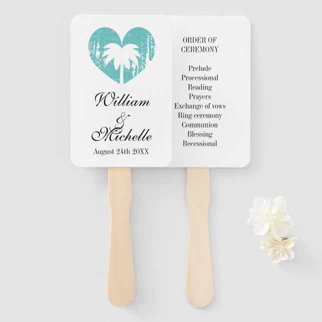 Elegant beach wedding ceremony program order heart hand fan (Front and Back)