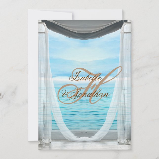 Elegant beach wedding drapes & copper calligraphy invitation (Front)