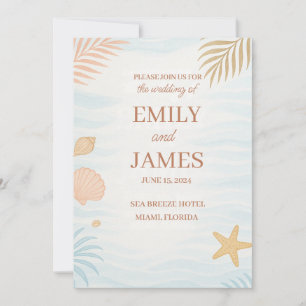Elegant Beach Wedding Invitation, Pastel Coral  Invitation