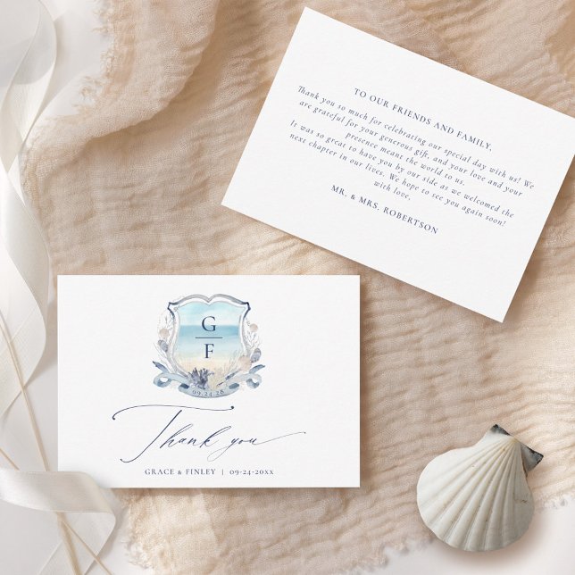 Elegant Beach Wedding Monogram Crest  Thank You Card (Creator Uploaded)