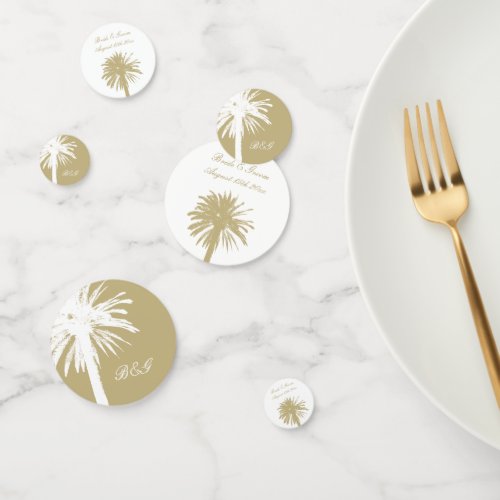 Elegant beach wedding palm tree monogram table confetti